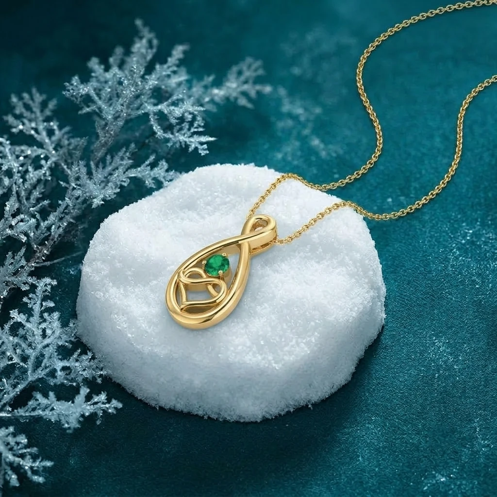 Yellow gold plated infinity heart pendant necklace with a round green emerald for Christmas gifting