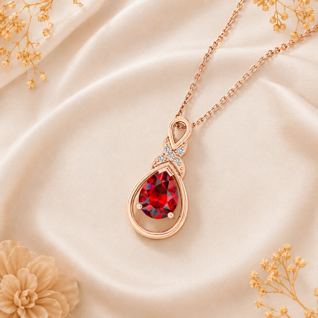 Infinity loop rose gold plated pendant featuring a pear cut red garnet stone and micro diamond accents