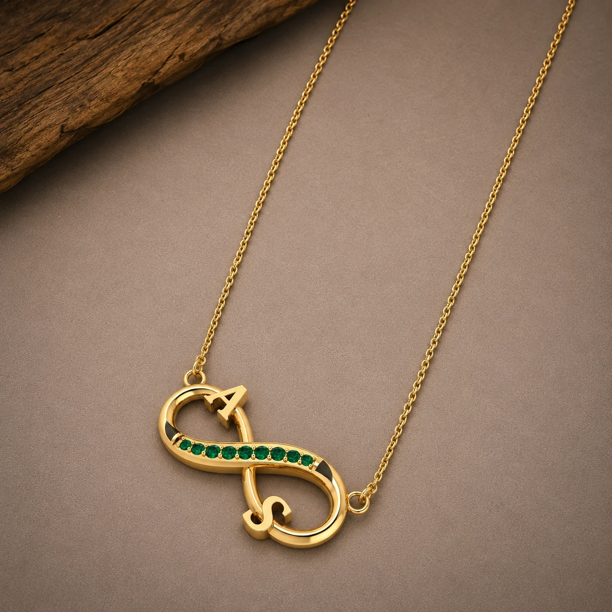 Initial A & S Lab Created Emerald Infinity Black Enamel Gold Filled Necklace