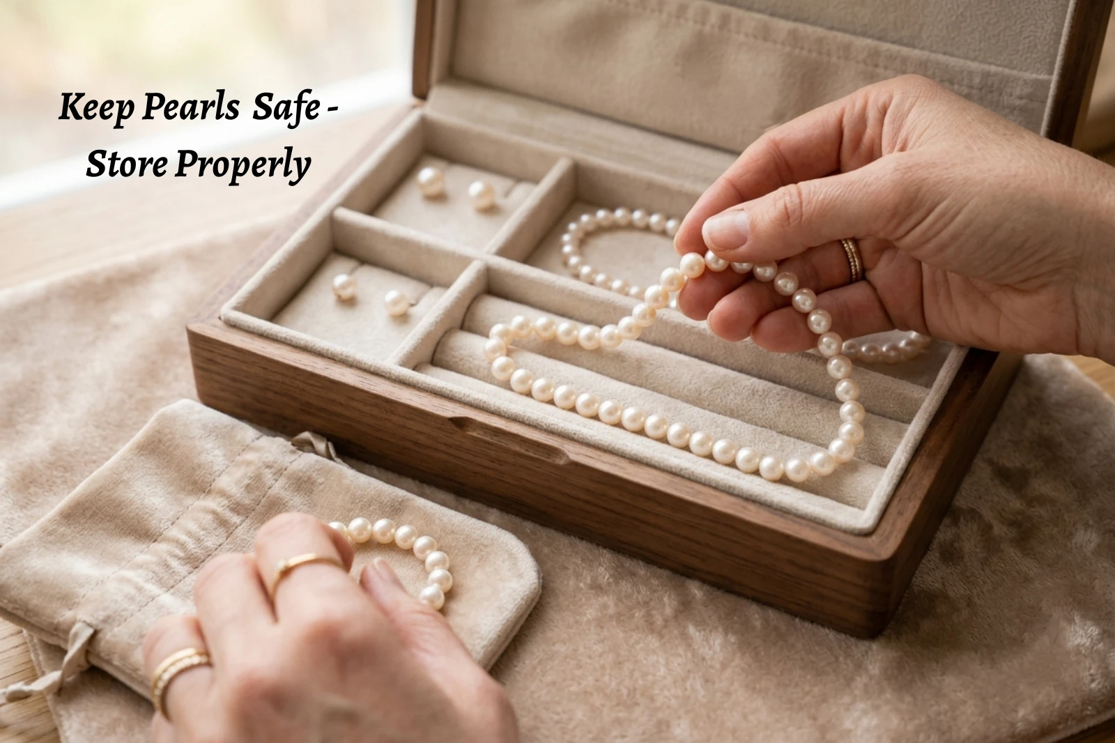 Pearl jewelry stored safely in a soft jewelry box