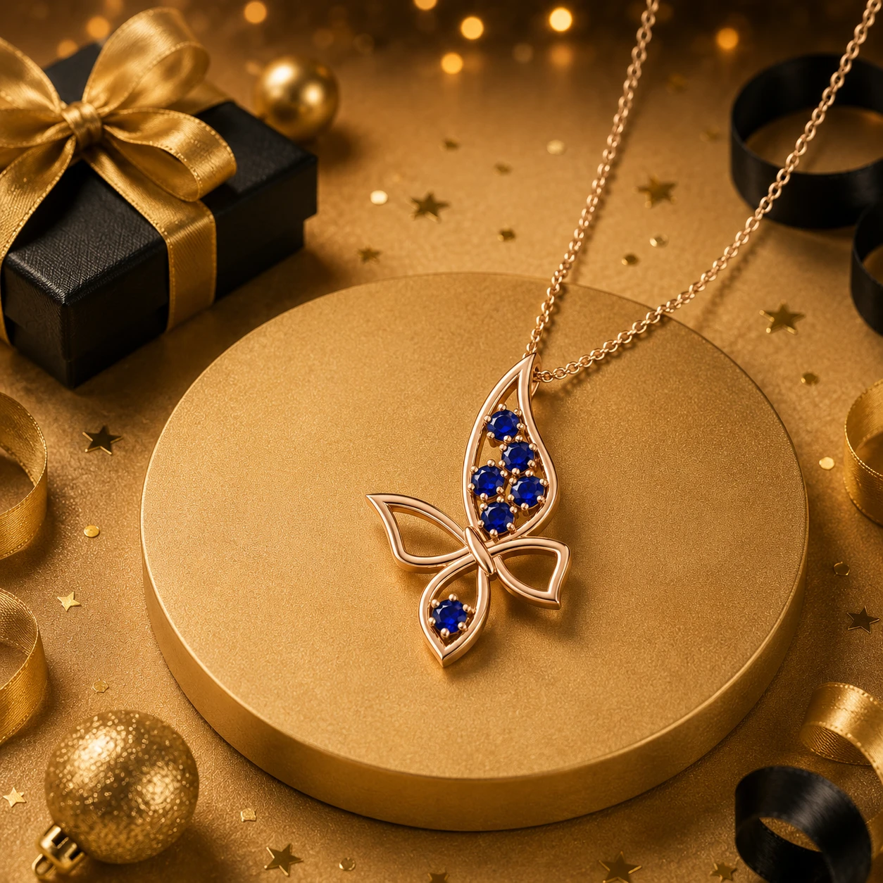 Rose gold plated openwork butterfly wing charm featuring clusters of small round lab grown blue sapphires on a fine link chain