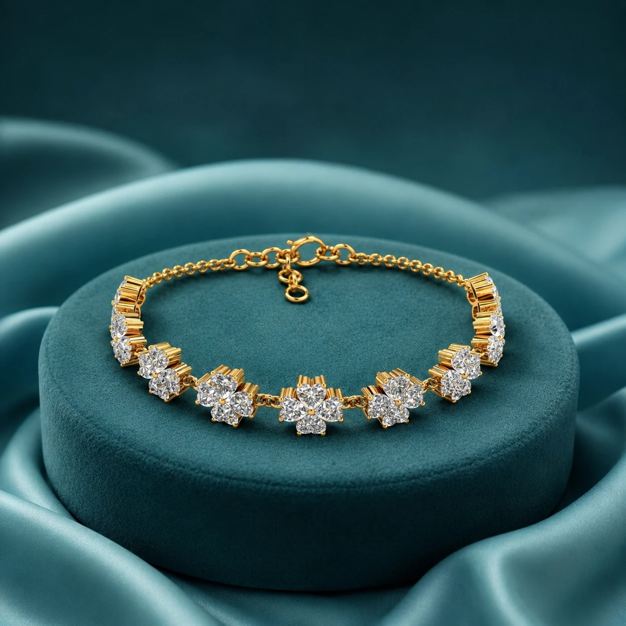 Lab-created diamond heart flower chain tennis bracelet plated in gold