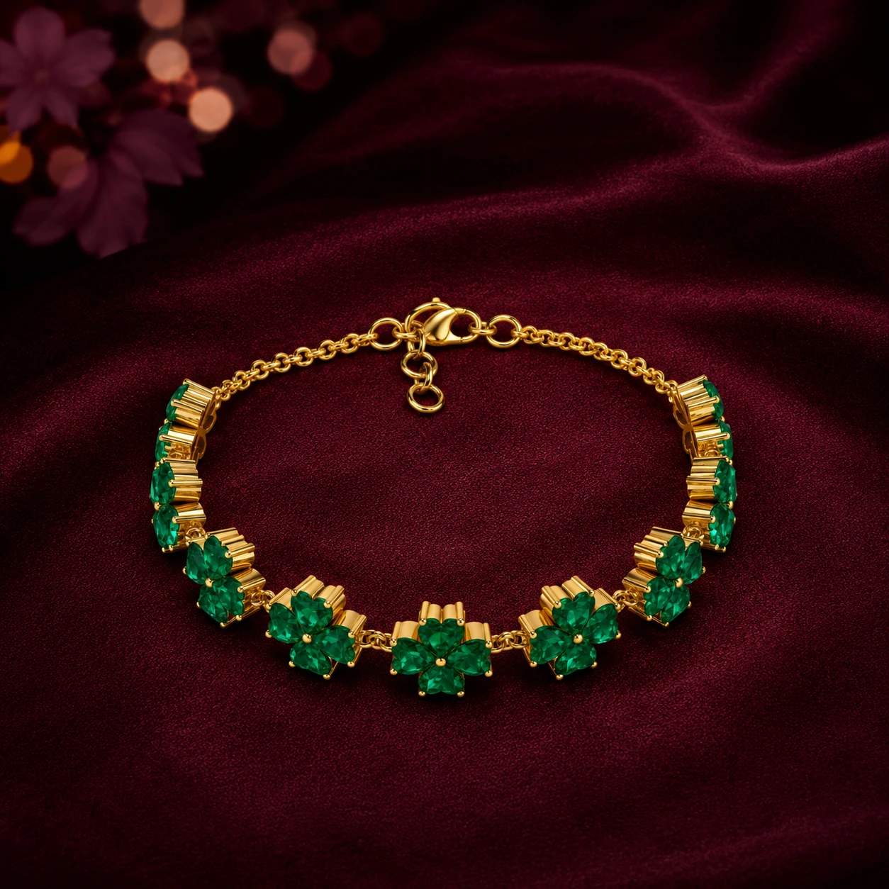 Lab-Created Emerald Heart Flower Sterling Silver Chain Tennis Bracelet
