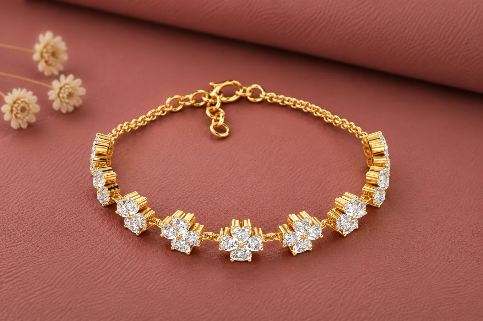 heart clover style lab diamond bracelet in gold plating