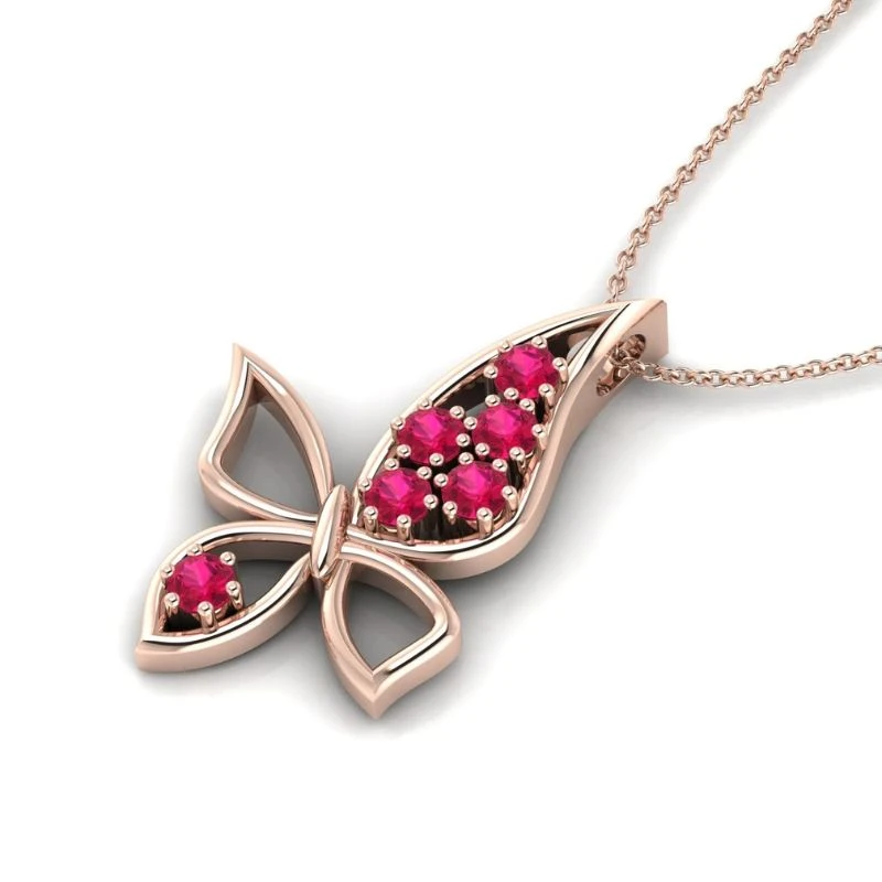 Rose gold plated butterfly pendant with pink round-cut lab-created rubies wings and openwork wings