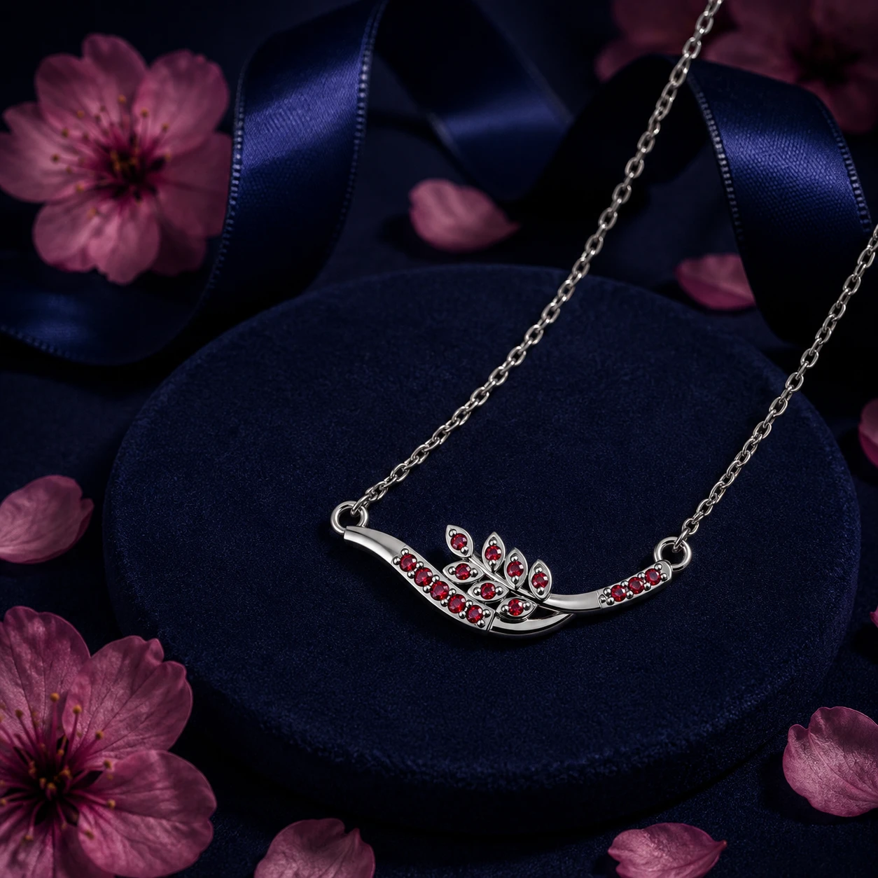 A silver leaf and branch curved hanami blossom pendant necklace set with vibrant pink rubies