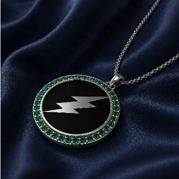 Lightning Bolt 925 Silver Emerald Medallion Charm Pendant
