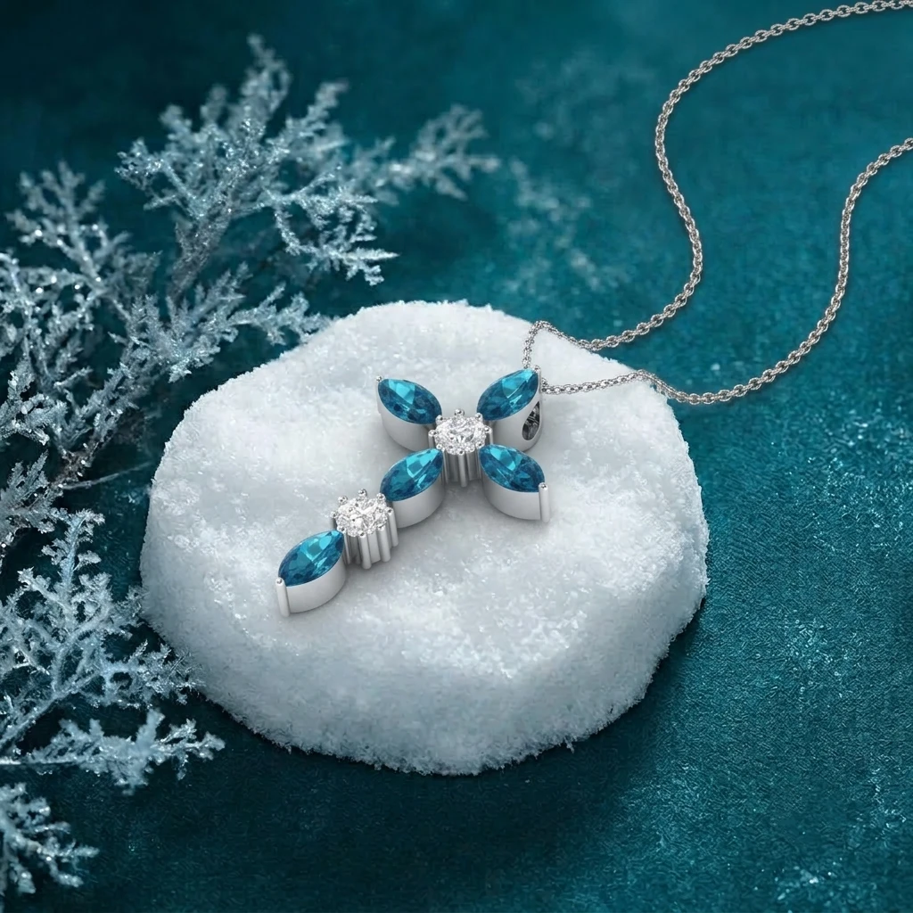 Sterling silver cross necklace with marquise blue topaz gemstones and accent diamonds