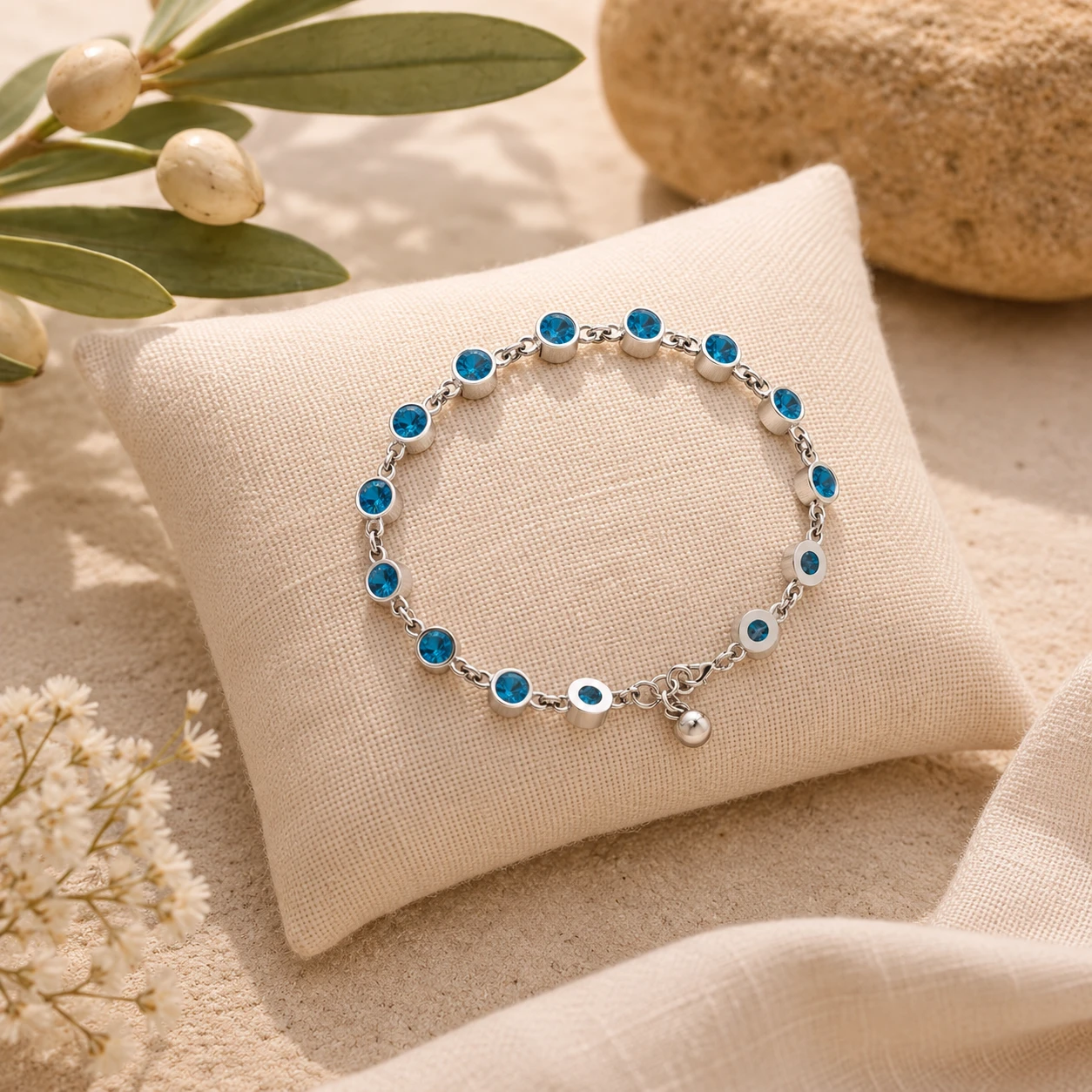 London Blue Topaz gemstones are set alternately on a delicate silver chain bracelet.