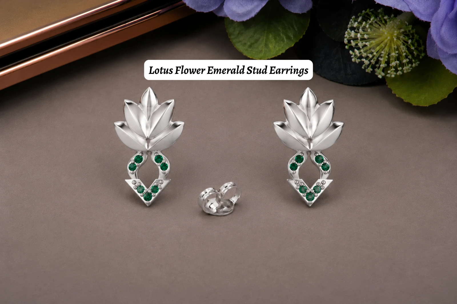 Lotus Flower Emerald Stud Earrings