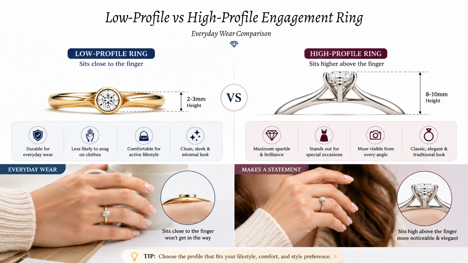 Low-Profile vs High-Profile Engagement Ring comparison 