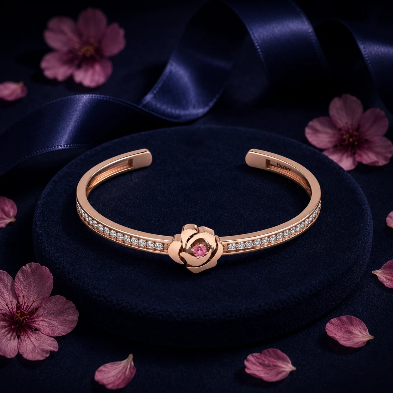 Rose gold-plated open cuff  cherry blossom bracelet featuring a central rose flower motif with a pink maorganite and a diamond-set cuff.