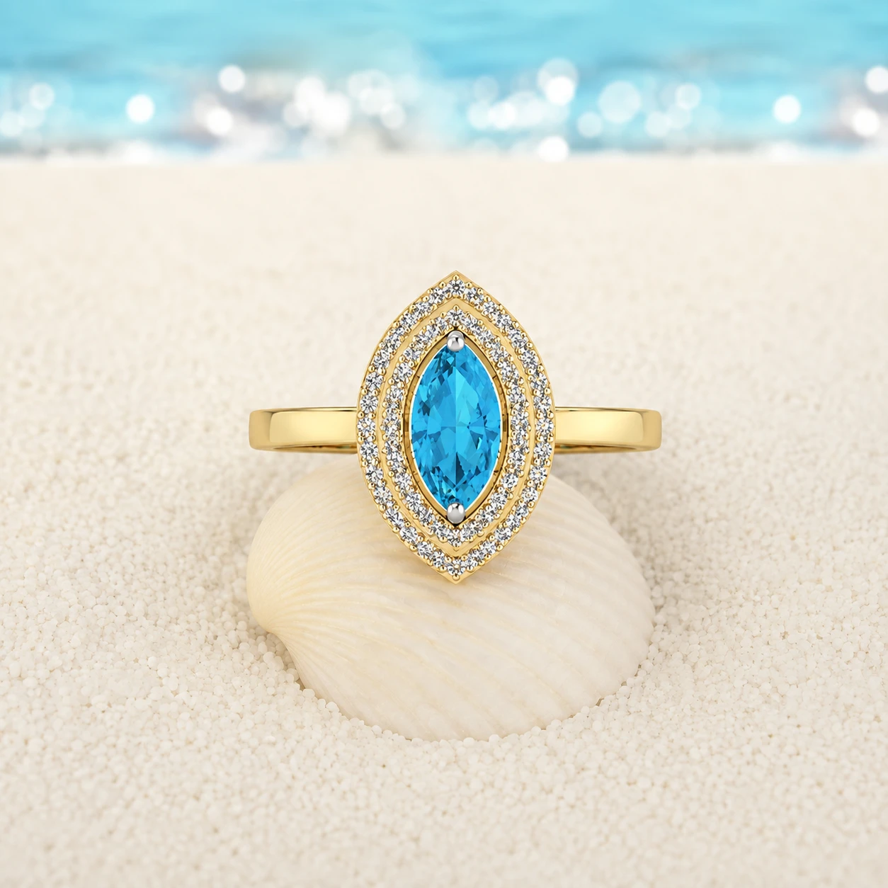 Marquise aquamarine solitaire ring with silver prong and diamond double halo on a plain gold-plated side stones band.