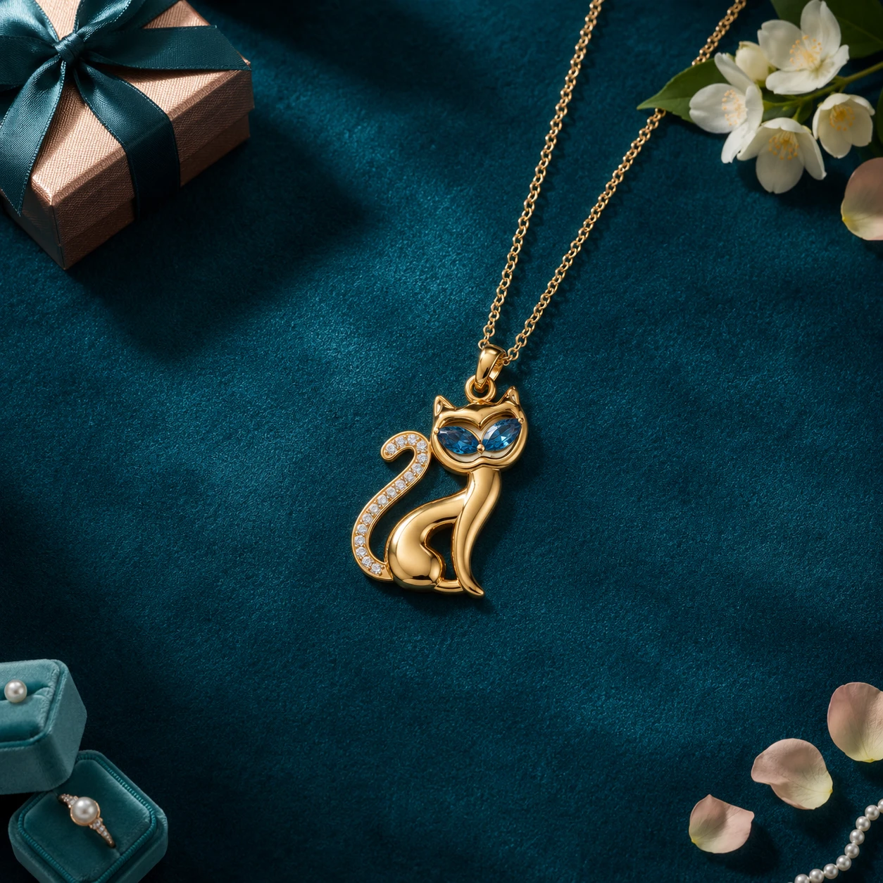Detailed gold-plated cat charm accented with striking marquise-cut blue diamond eyes
