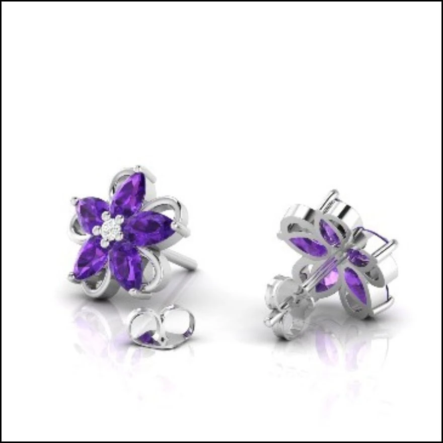 Marquise cut purple amethyst flower stud earrings in sterling silver with small diamond stones in center