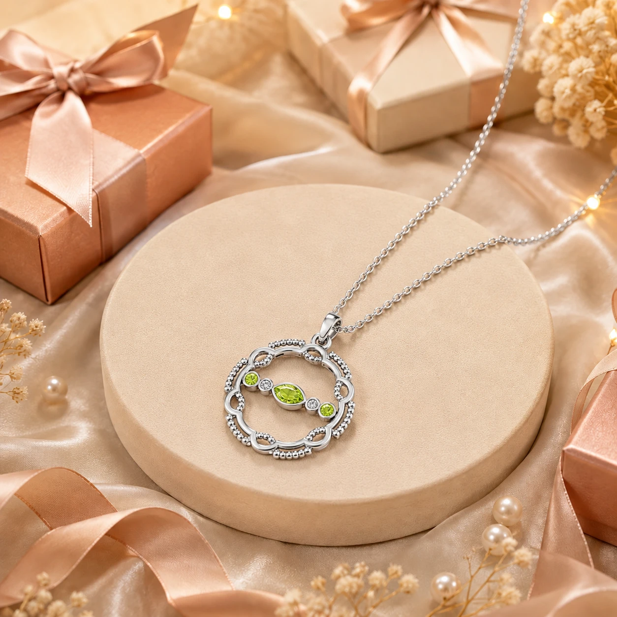 Open-circle necklace featuring a horizontal bar set in sterling silver; the bar is adorned with a marquise peridot, two accent diamonds, and two small round peridots