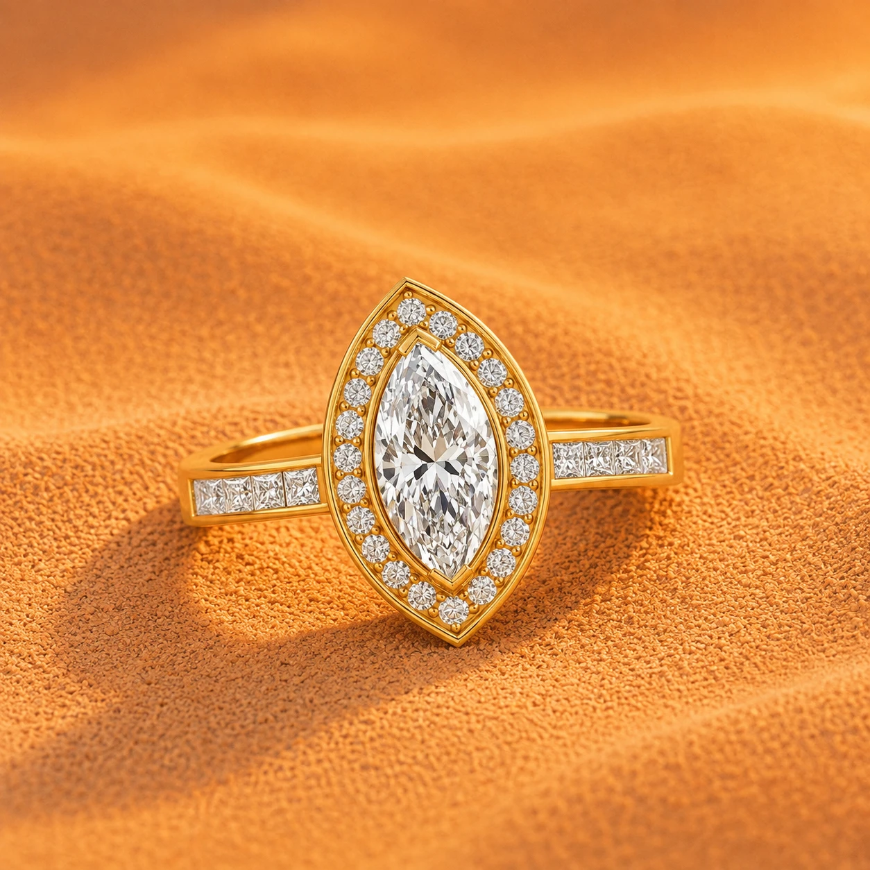 Marquise diamond ring with a diamond halo and a channel-set diamond band in gold plating