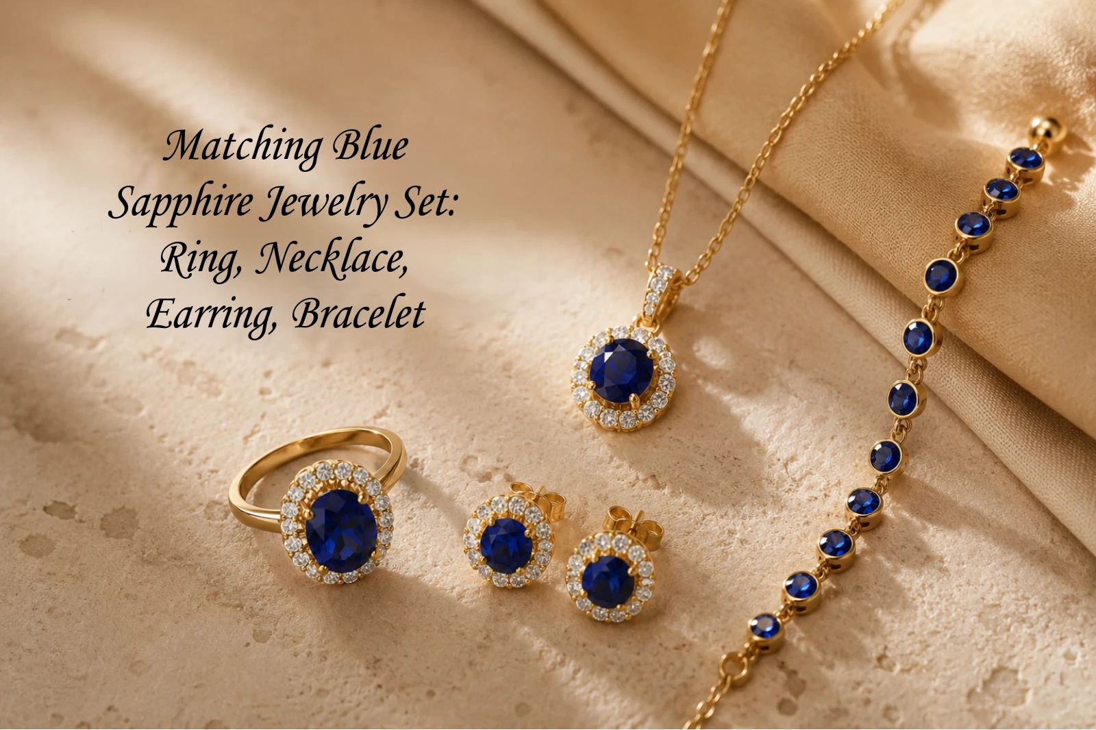 Complete blue sapphire fine jewelry set with a matching ring, stud earrings, and pendant necklace