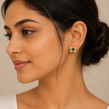 May Birthstone Emerald Square Studs Earrings
