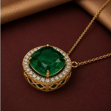 May Birthstone Cushion Square Halo Emerald Pendant