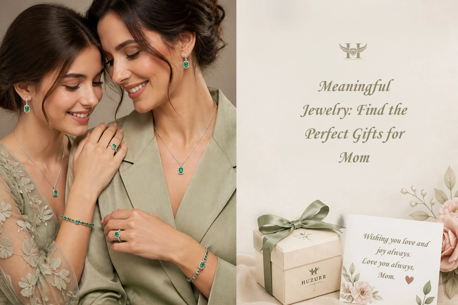 Emerald necklace, drop earrings, bracelet, and ring fine jewelry set matching the guide for meaningful gifts for mom