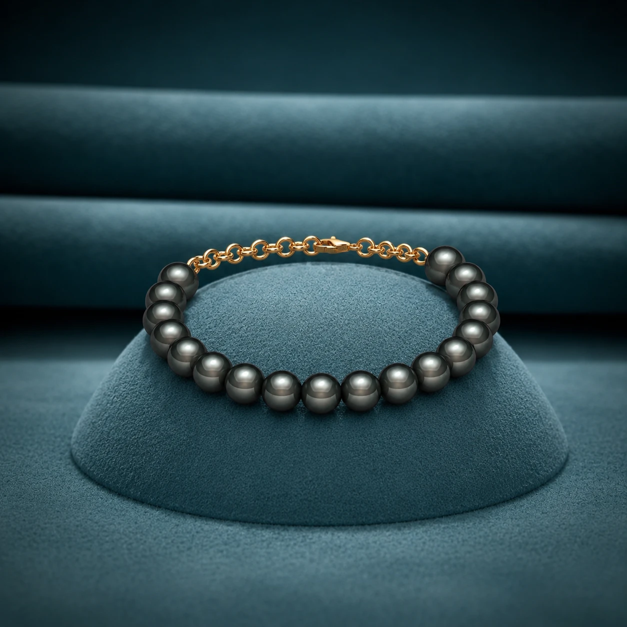 Men's matte black Tahitian pearl strand bracelet accented with a yellow gold plated link chain