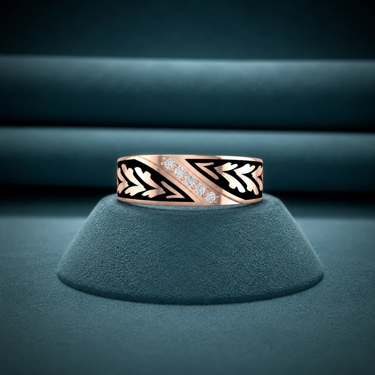 Men's rose gold plated wedding band with a black enamel background chevron leaf pattern and a diagonal row of round diamonds.