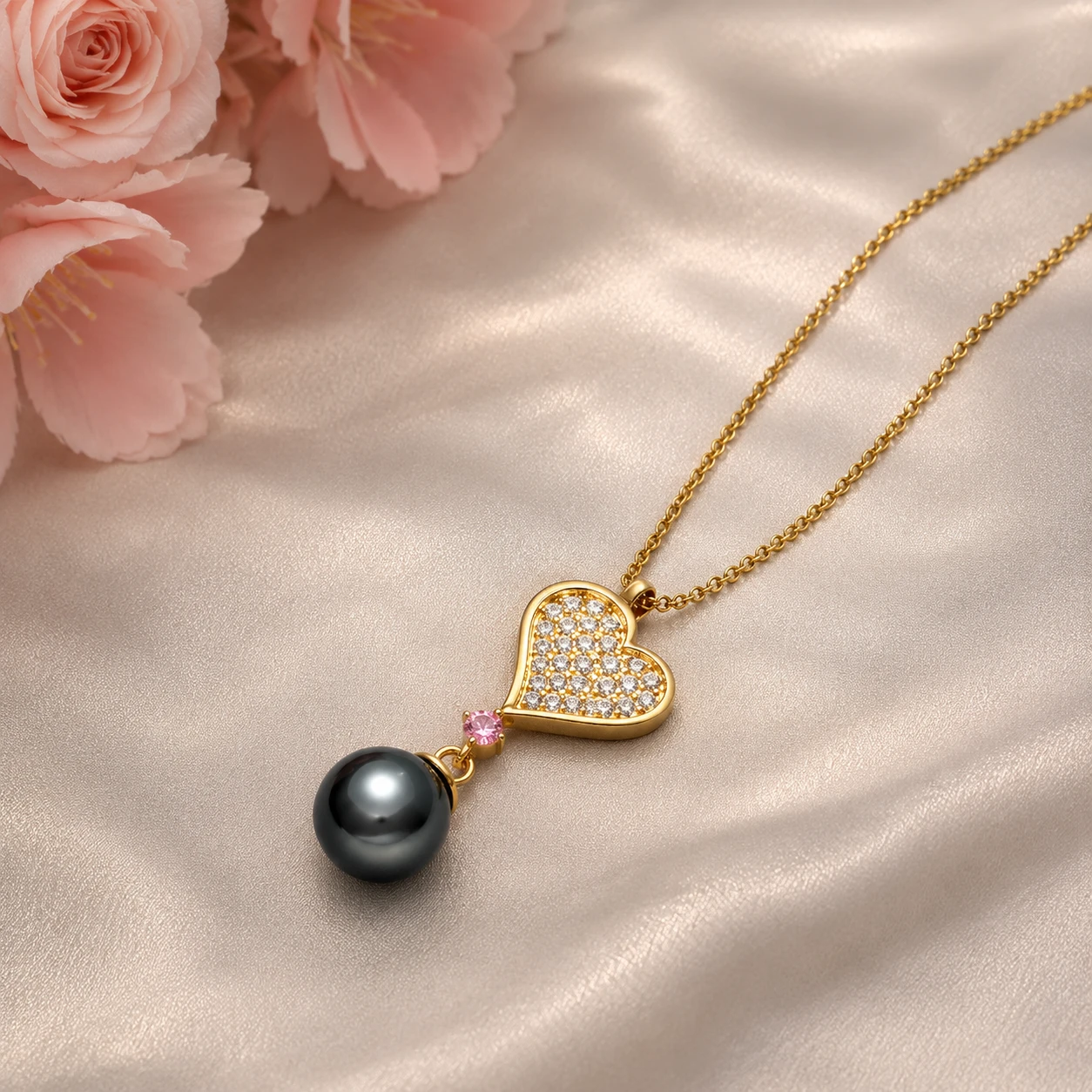 Black Pearl And Morganite Heart Pendant