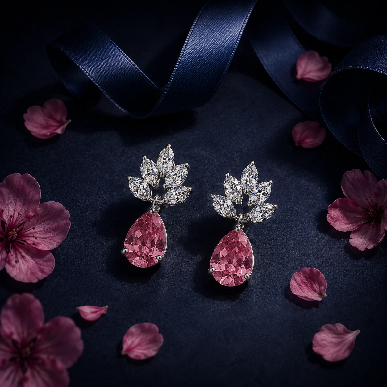 Silver marquise diamond leaf cluster earrings with a hanging pear-cut pink maorganite gemstone