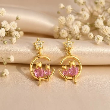 Gold Filled Star Cat On Moon Morganite Drop Earrings