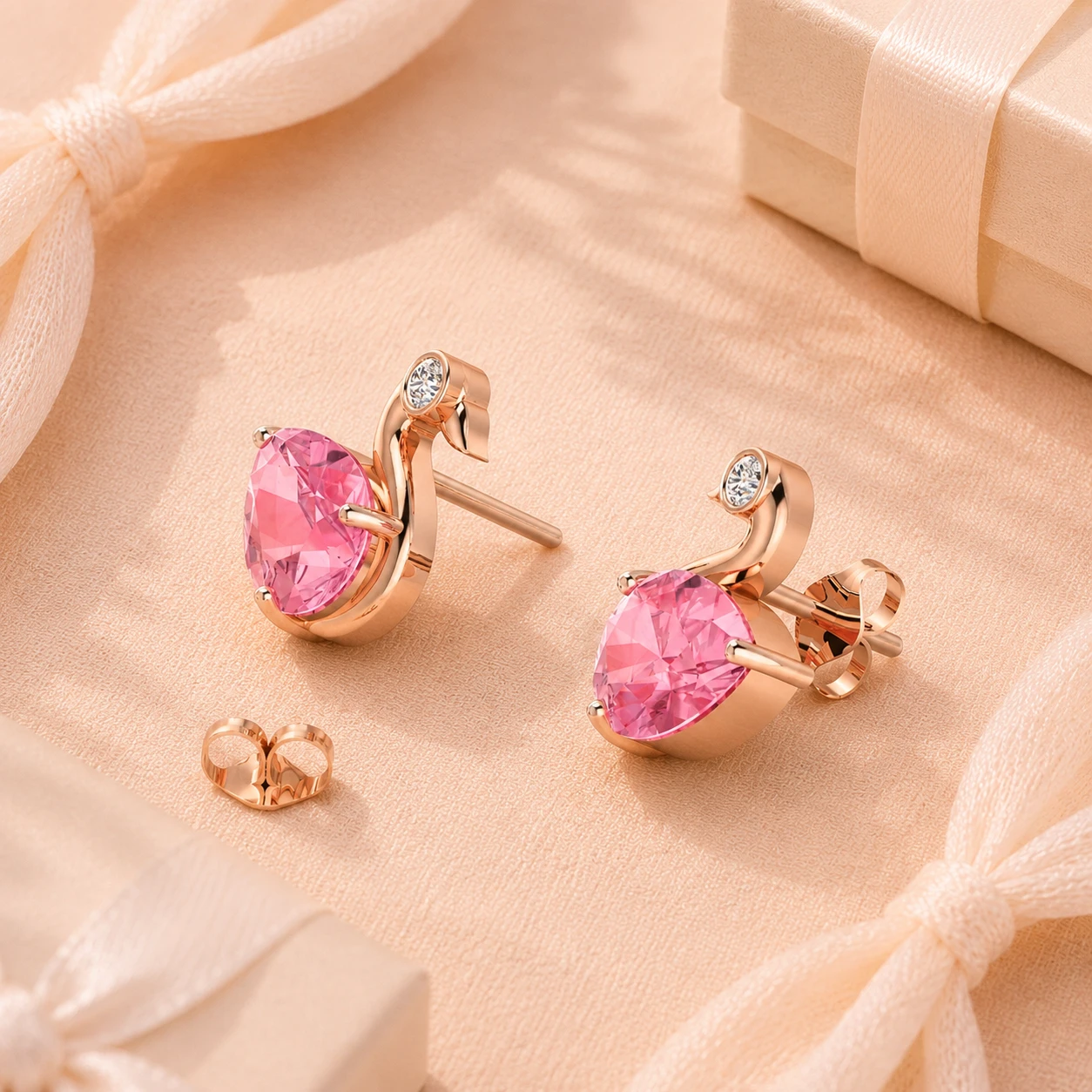 Pink morganite duck shaped earrings in rose gold plated metal