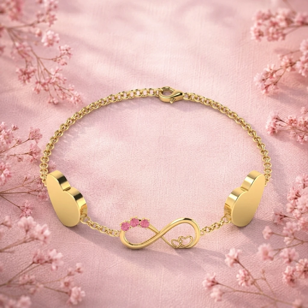 Infinity bracelet featuring morganite, tiny nested hearts, and solid side heart charms on a gold plated link chain