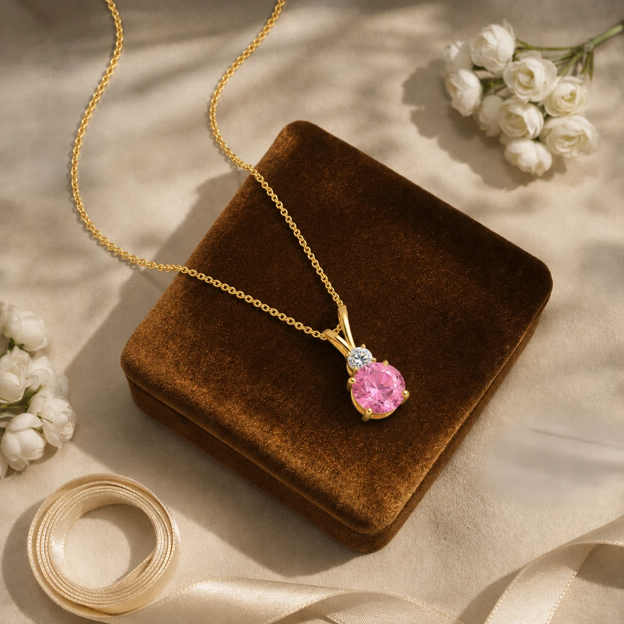 Solitaire pink morganite pendant with a single diamond top on a gold-plated V-shaped bail via chain