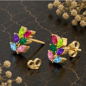 Multicolor Stone Leaf Climber Gold Plated Studs Earrings