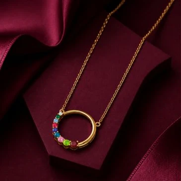 Multicolor Multi Stone Cocktail Gold Plated Open Circle Charm Pendant