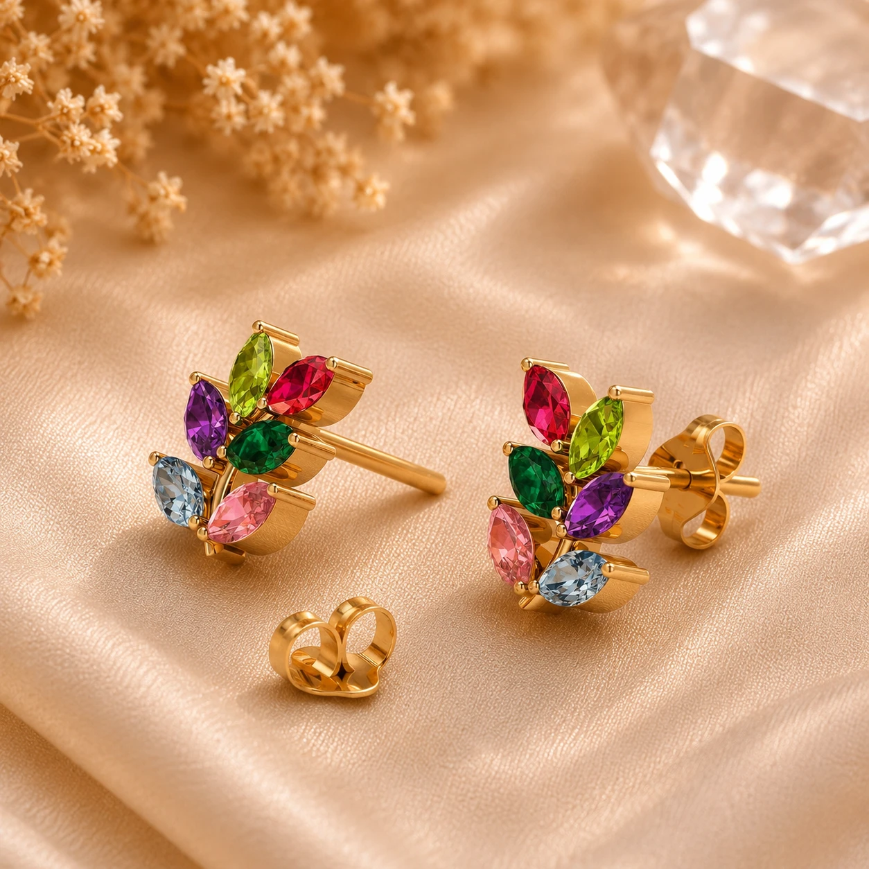 Multicolor Stone Leaf Climber Gold Plated Studs Earrings