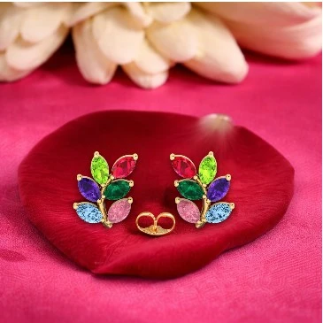 Multicolor Stone Leaf Climber Studs Earrings