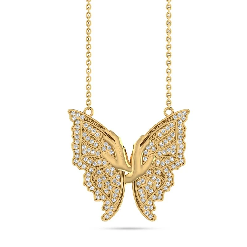 Yellow gold plated butterfly statement necklace featuring interlocking hand motifs and wings fully paved with tiny diamonds