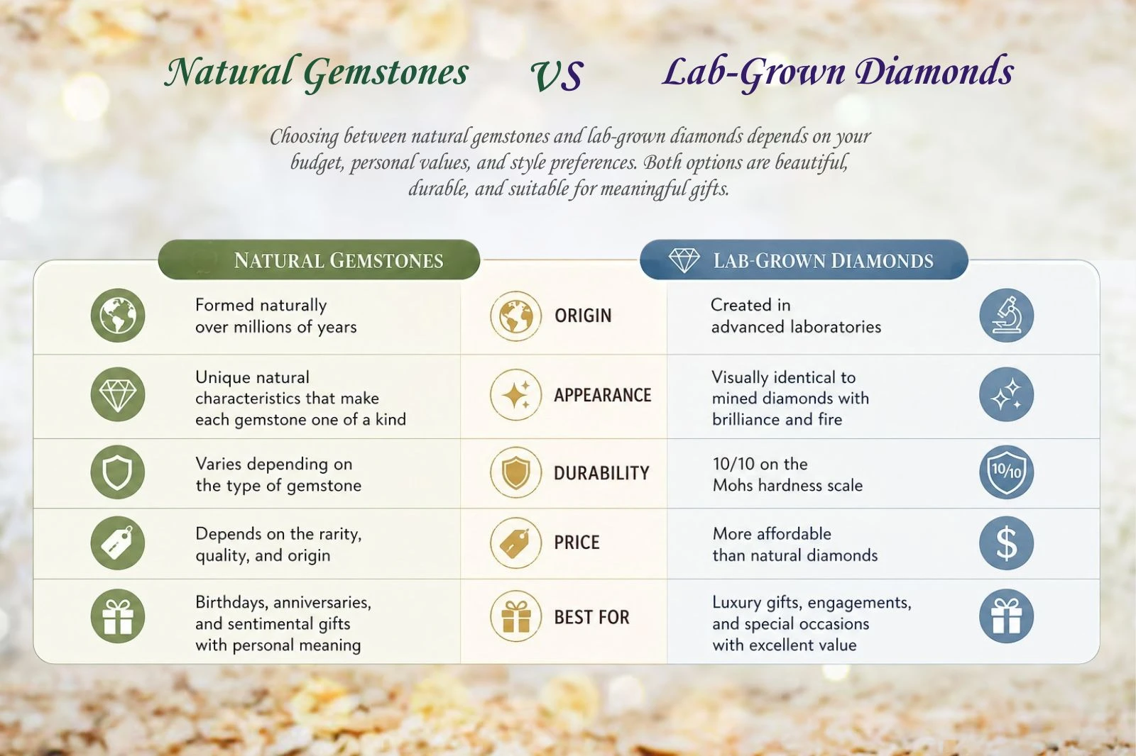 Natural gemstones vs lab-grown diamonds comparison chart analyzing origin, appearance, durability, price, and best uses for fine jewelry gifts.
