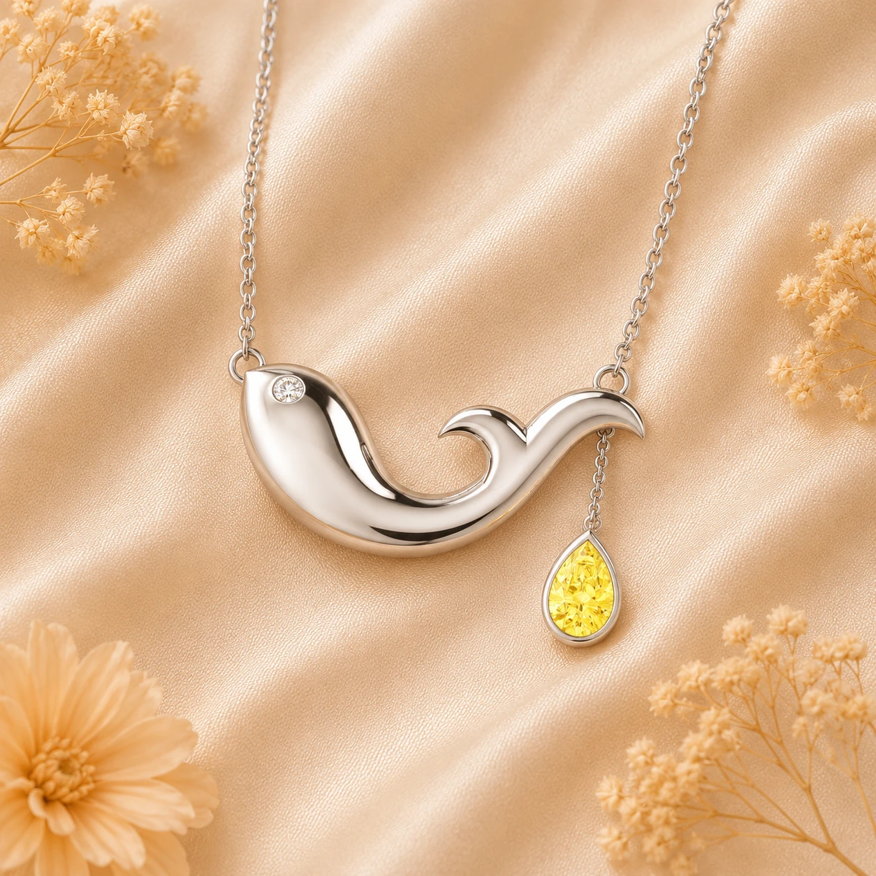Whale silver pendant features a round diamond eye and a dangling teardrop-cut citrine