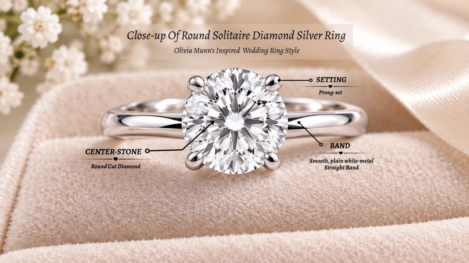 Close-up of olivia munn's inspired round solitaire style diamond silver wedding ring 