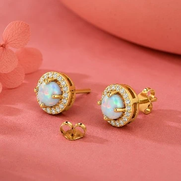 Round Opal & Diamond Halo Gold Filled Stud Earrings