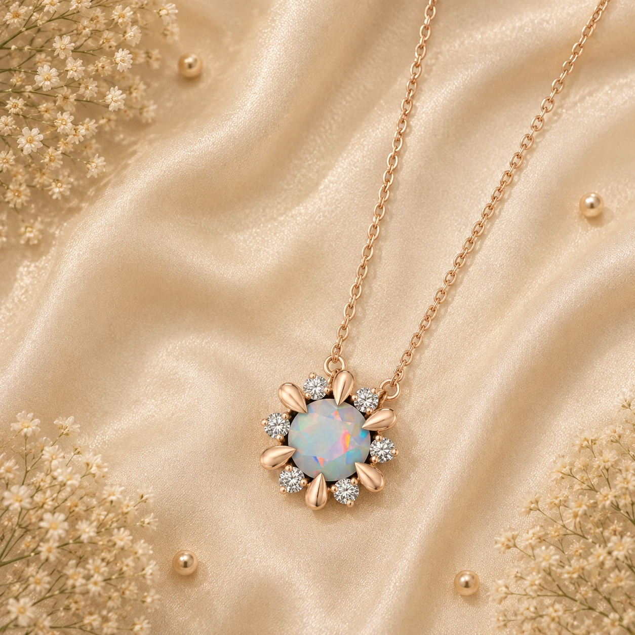 Round cut white opal solitaire halo pendant necklace in rose gold plating with flower design and small diamond stones