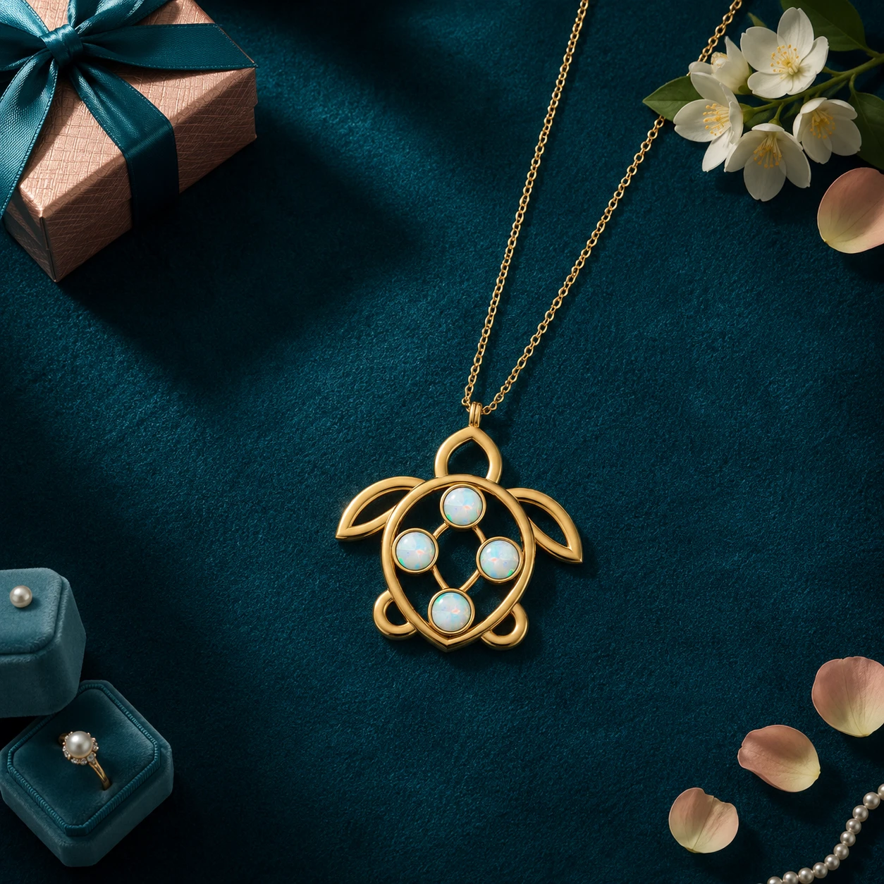 Opal turtle pendant with delicate openwork detailing and a gold plated finish
