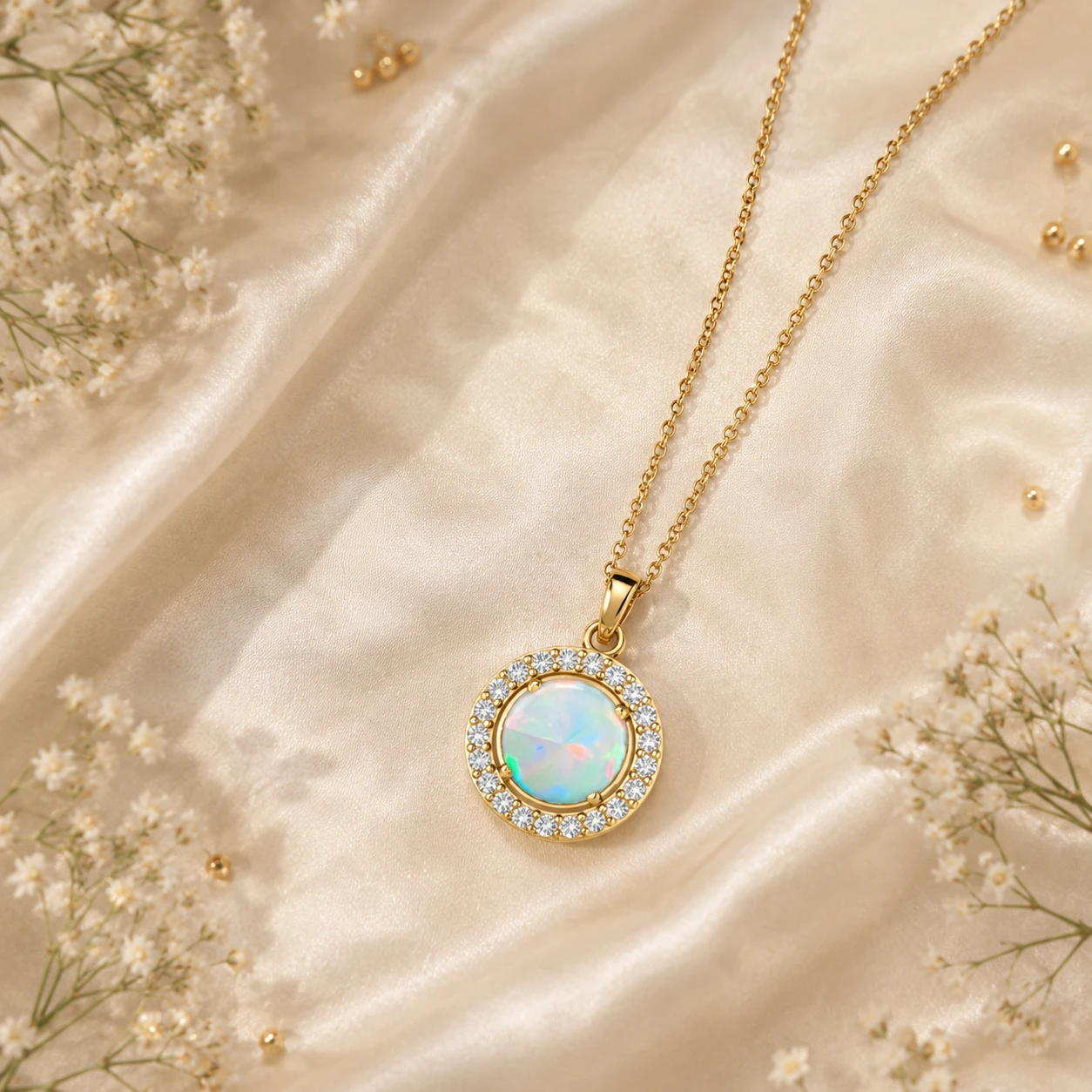 Round opal solitaire pendant necklace with diamond halo frame in yellow gold plating