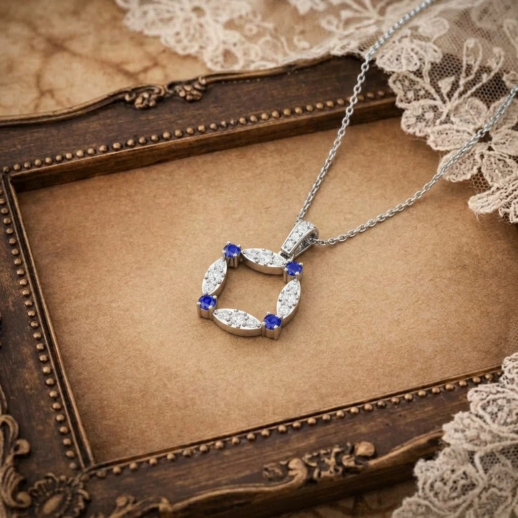 Silver open rhombus halo pendant necklace set with round diamonds and four round blue sapphire accents