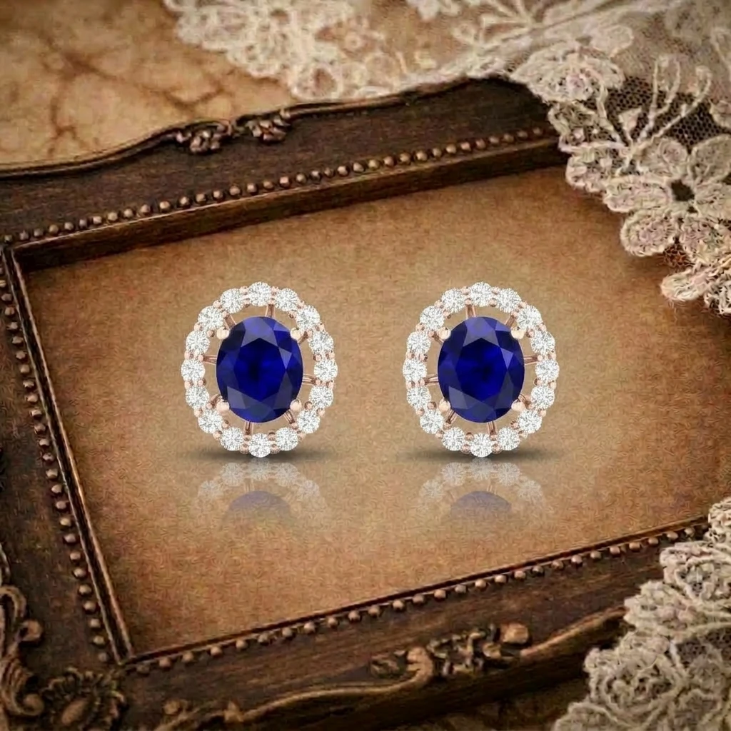 Oval cut blue sapphire stud earrings with a round diamond halo border in rose gold plated metal