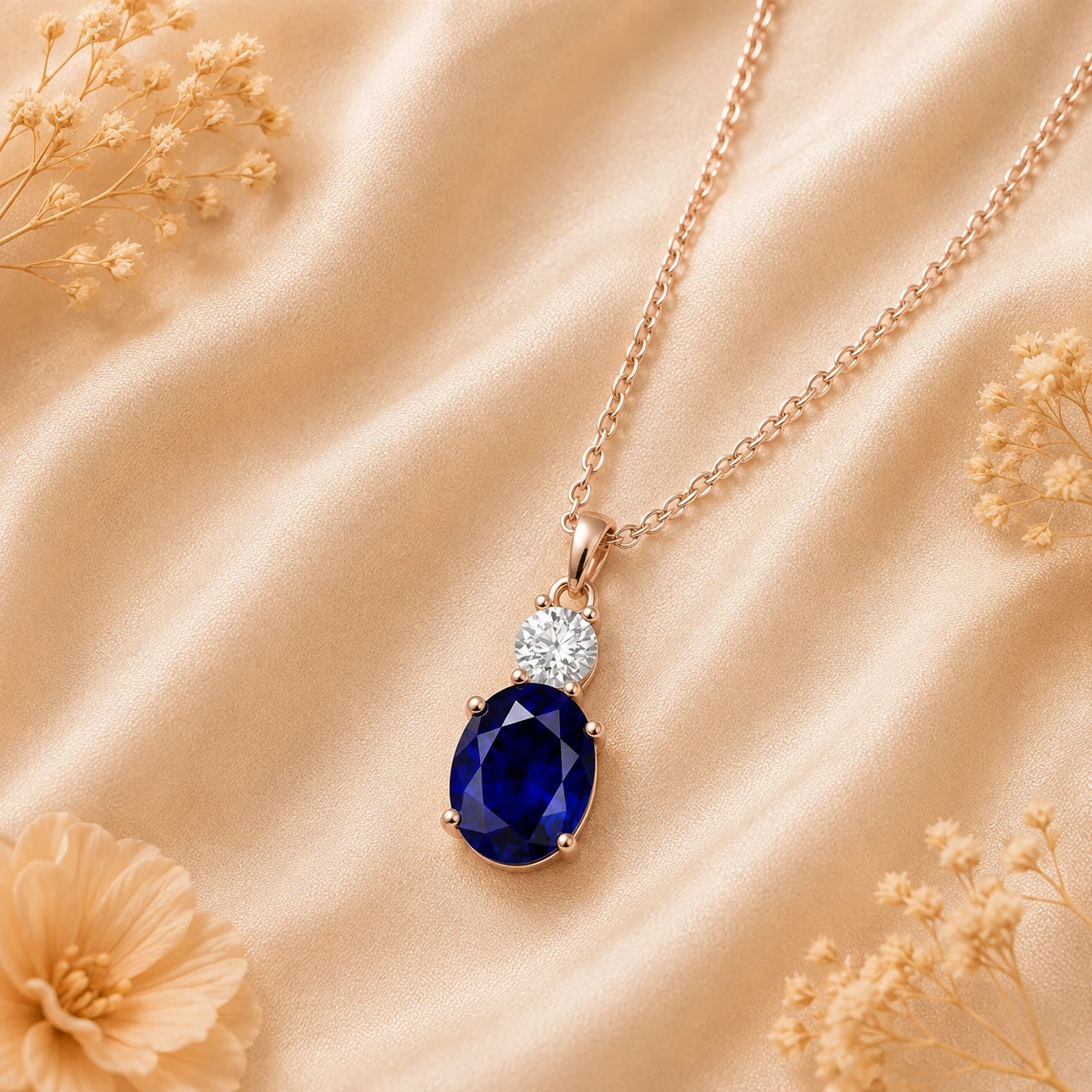 Rose gold-plated solitaire necklace featuring an oval-cut deep blue sapphire set beneath a round white diamond.