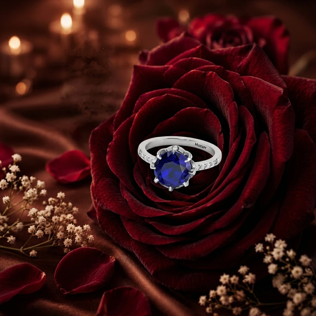 Oval blue sapphire solitaire ring with diamond accents on a silver band
