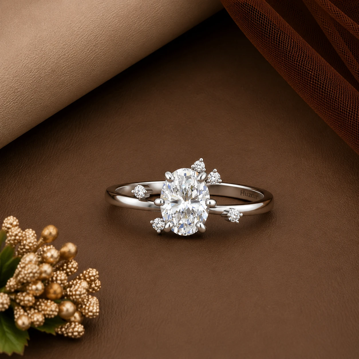 Brilliant oval-cut genuine diamond solitaire gemstone resting on a polished sleek 925 sterling silver ring band